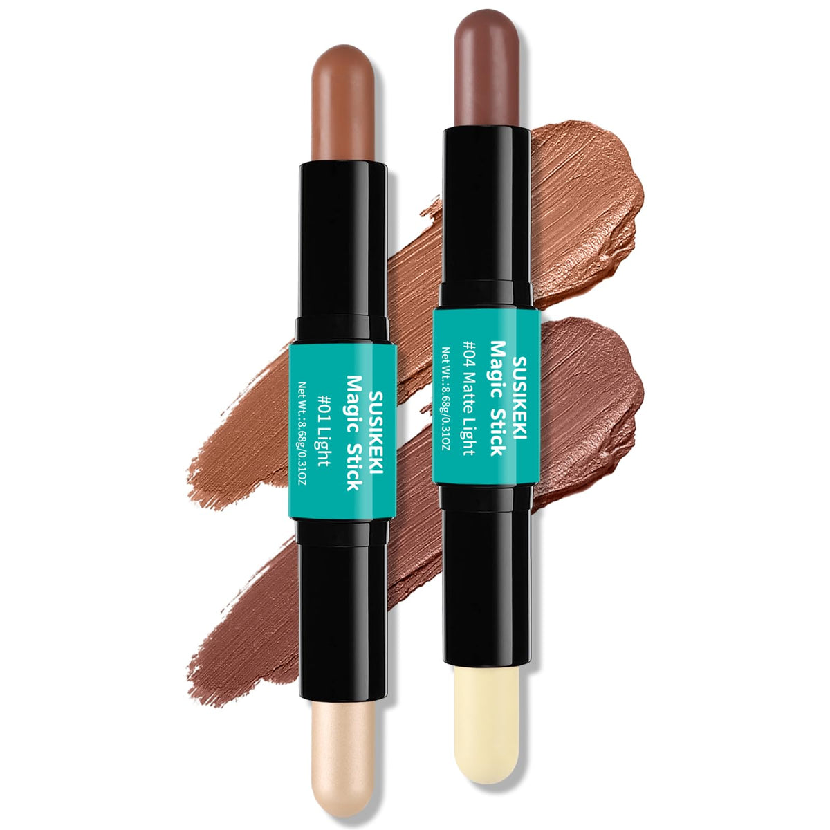 Contour Stick, 2Pcs Dual-Ended Highlighter Makeup Pen & Contouring Stick for Face Shaping, Long Lasting Waterproof Cream Bronzer & Highlight Sticks Make Up Kit for All Skin Tones(01# + 03#)