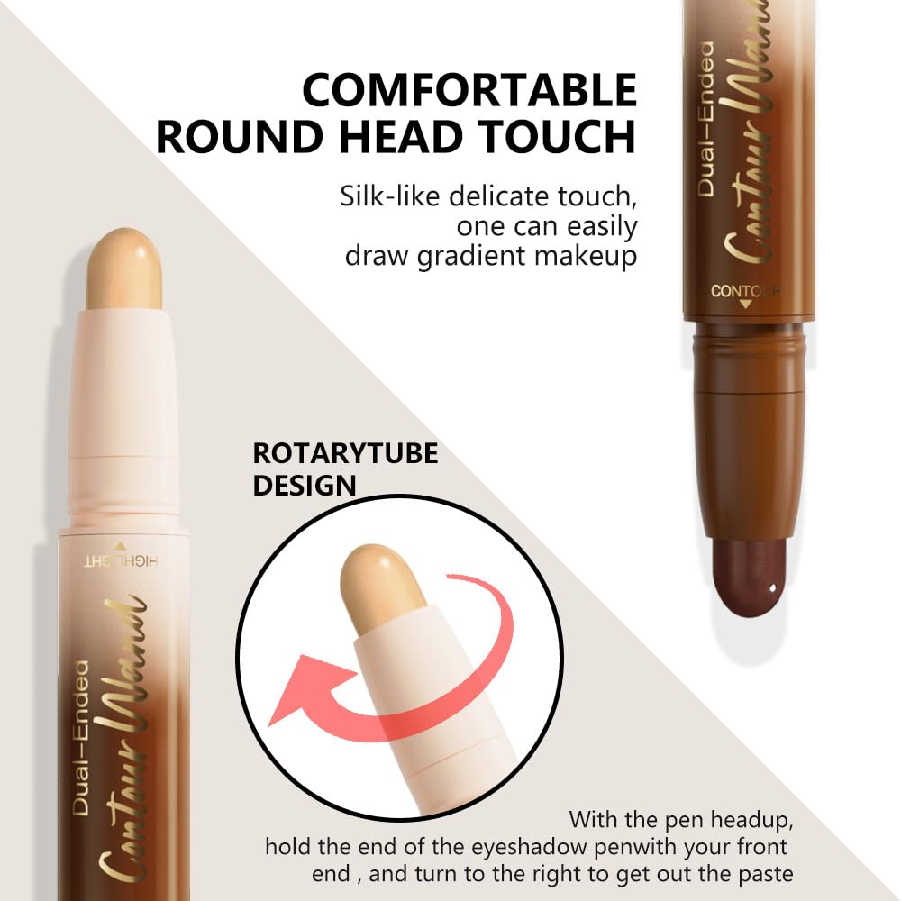 FeiCuiYun Dual-Ended 2-in-1 Cream Contour & Highlighter Stick Makeup For Face & Body – Waterproof, Long-Lasting, Suitable for All Skin Tones, 24#Rich(Nude Brown + Nude)