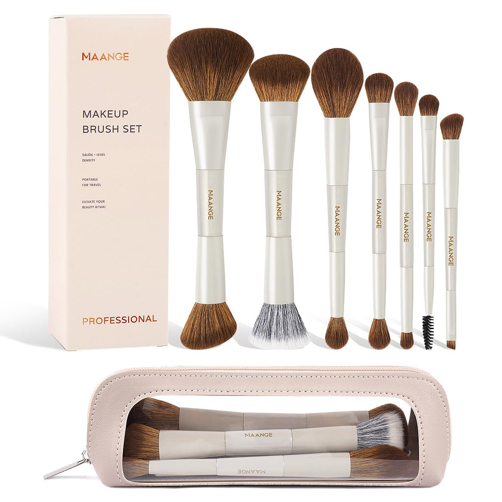 MAANGE Makeup Brush Set 14-In-7 Double Ended Essential Foundation Makeup Brushes for Powder Concealers Eye Shadows Blush Make Up Brushes with Travel Makeup Case