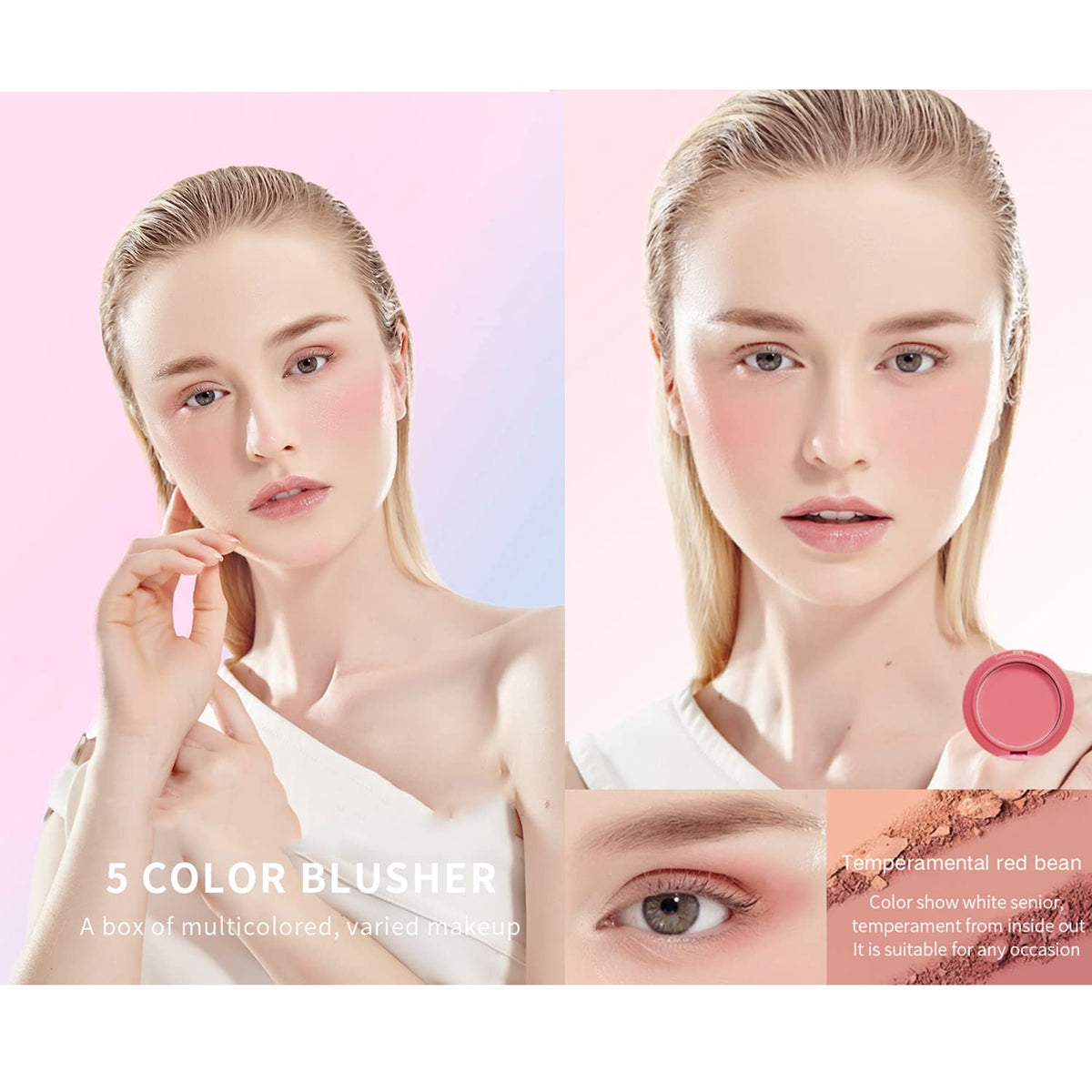 5 Colors Face Blusher Palette Waterproof Matte Long Lasting Lightweight Blush Powder Pink Coral Blushing Pallet with Brush Mirror Women Makeup Gift Set Kit M2089