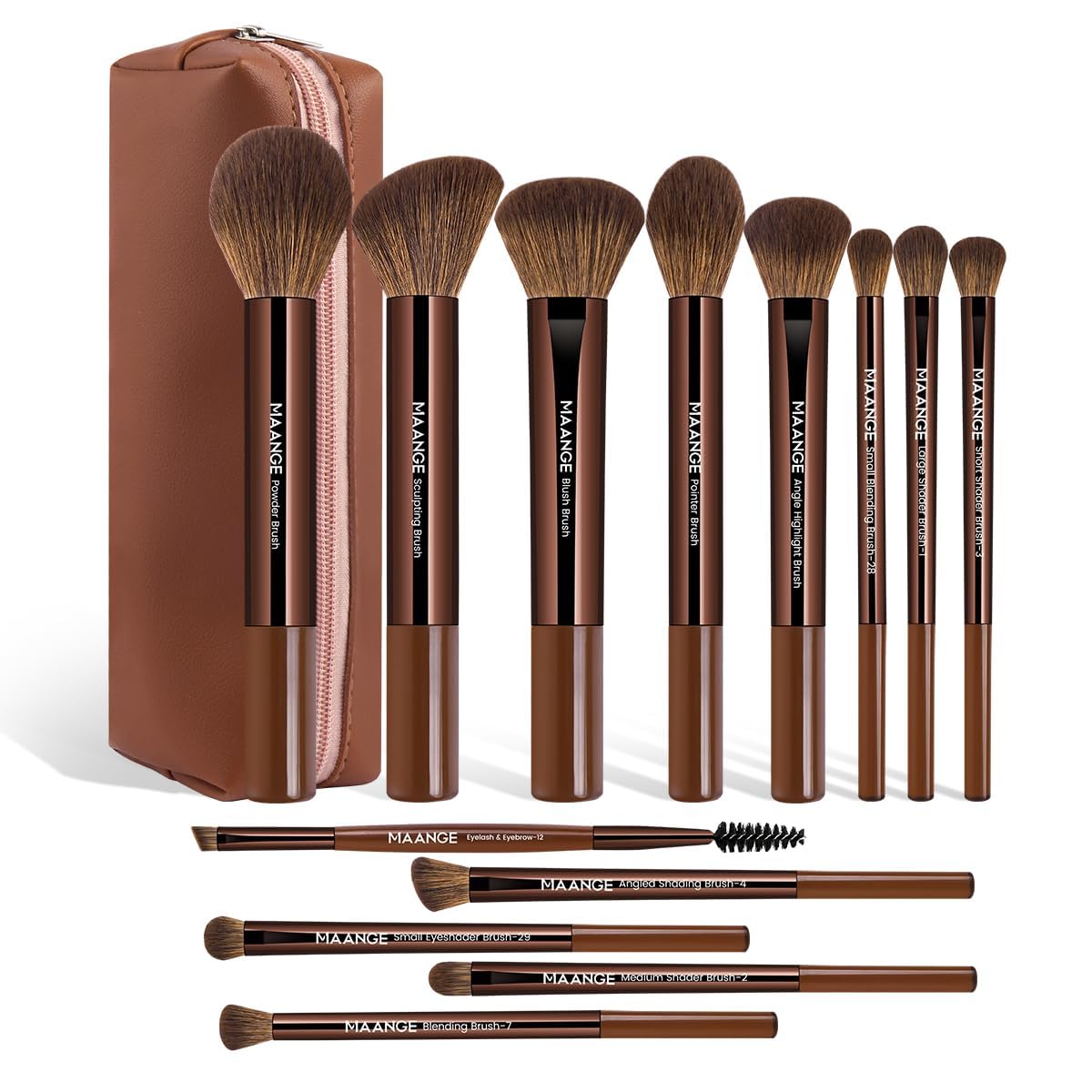 MAANGE 13 PCS Makeup Brushes Professional Make Up Brushes Premium Synthetic Powder Concealers Brushes Travel Makeup Brush Set with Case (Coffee)