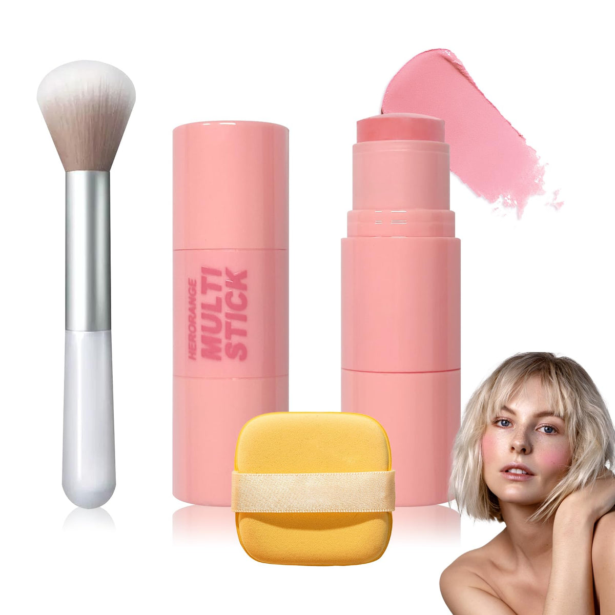 Cream Blush Stick with Brush,Waterproof Multi Cream Makeup Stick,Lightweight,Long-lasting,2 in 1 Multi Blush for Cheeks & Lip Tint & Eyeshadow Makeup(#01 Milk Tea Pink)