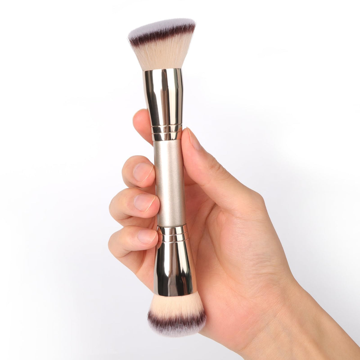 Dual-Ended Foundation Brush: Round & Angled makeup brushes, 100% Vegan Synthetic Makeup Brush for Flawless Blending and Application of Liquid, Powder, Cream, Blush