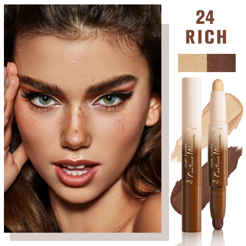 FeiCuiYun Dual-Ended 2-in-1 Cream Contour & Highlighter Stick Makeup For Face & Body – Waterproof, Long-Lasting, Suitable for All Skin Tones, 24#Rich(Nude Brown + Nude)