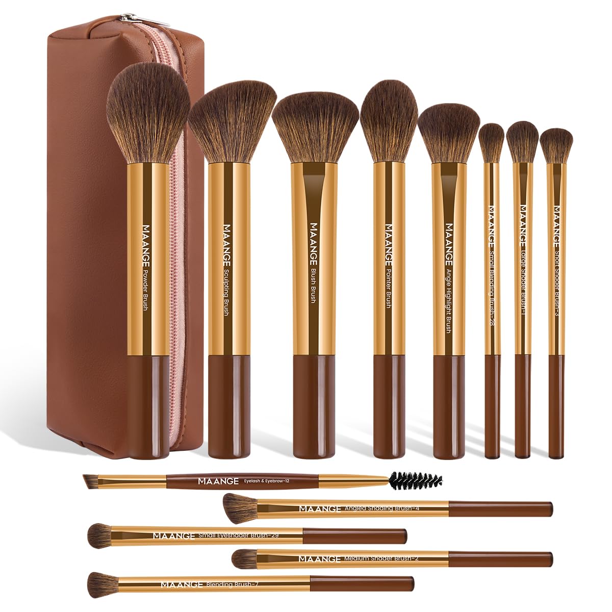 MAANGE 13 PCS Makeup Brushes Professional Make Up Brushes Premium Synthetic Powder Concealers Brushes Travel Makeup Brush Set with Case (Coffee)