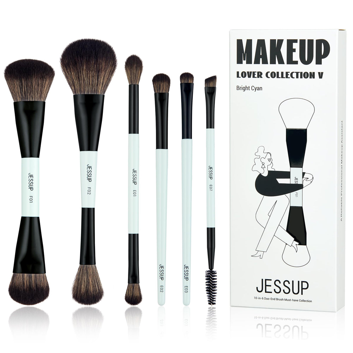 Jessup Makeup Brushes Set 10pcs, Double Sided Foundation Contour Blush Highlight Blending Eyebrow Brush Eyeshadow Eyeliner Concealer Brush, Bright Cyan Cruelty Free Cosmetic Tools T500