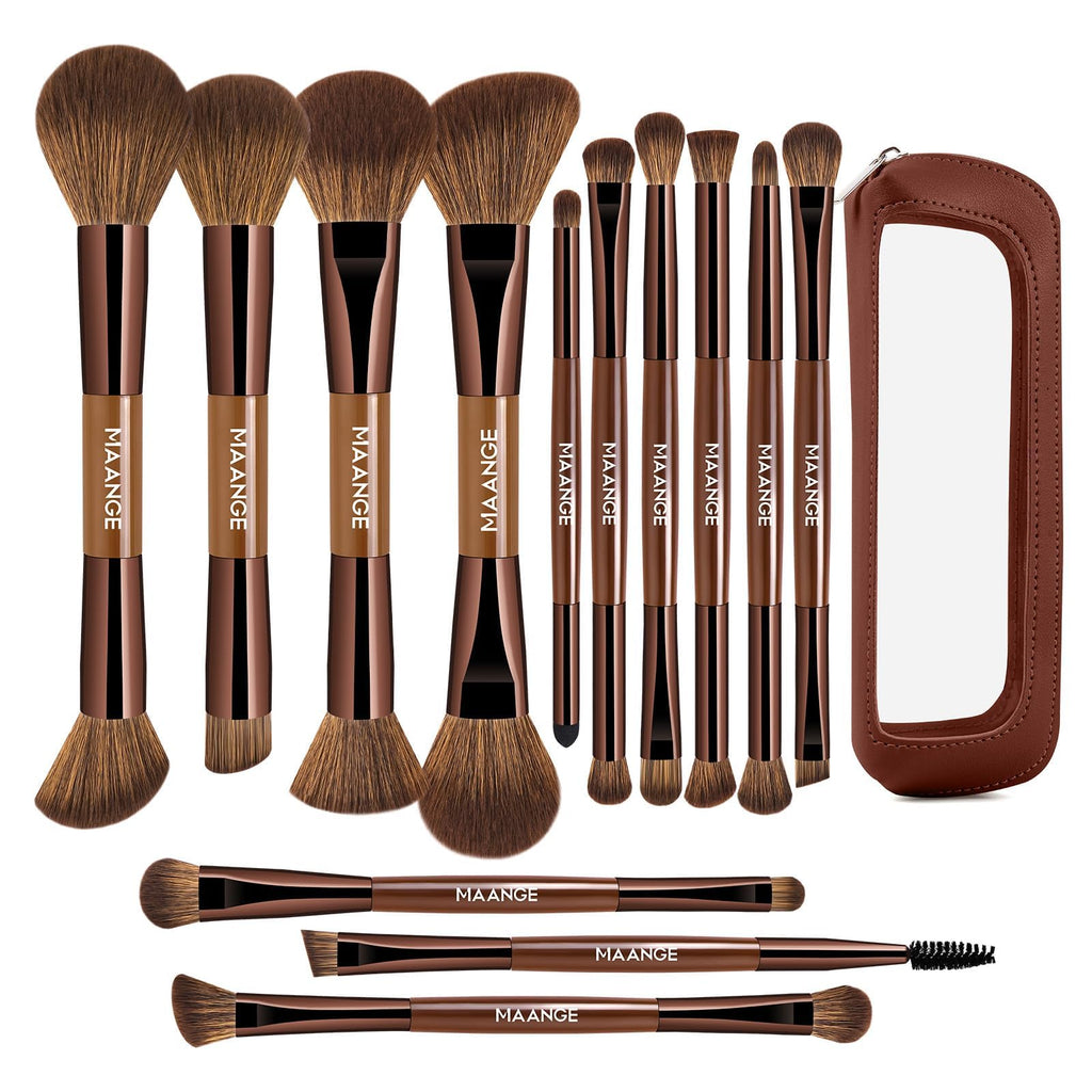 MAANGE 13 Pcs Foundation Makeup Brush Set With Bag, Make up Brushes, Double-End Multi Functional Makeup Brushes, Professional Face Brush Set Tools For Liquid Powder Concealer Cream Blush (Coffee)