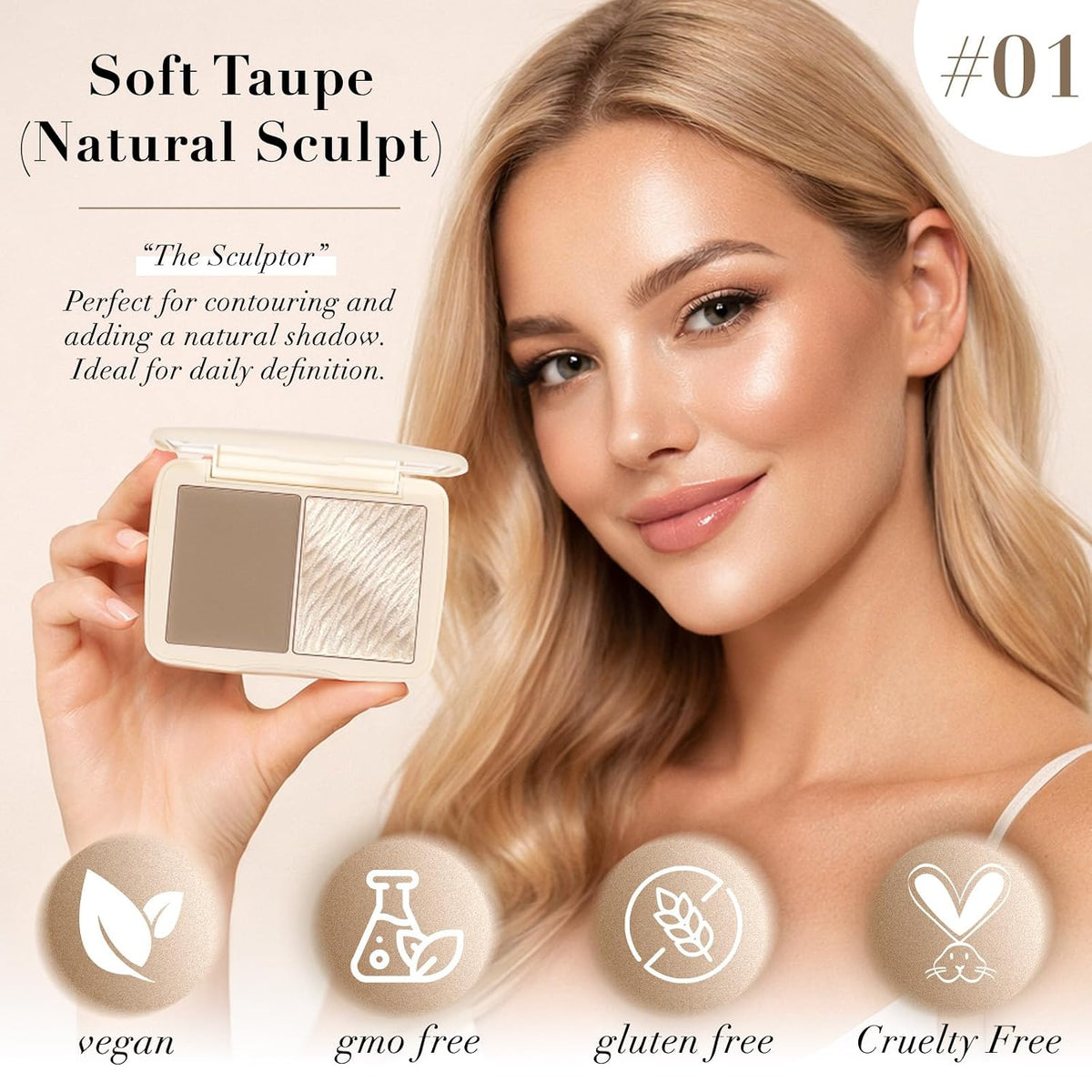 2-in-1 Contour & Highlighter Palette - Matte & Shimmer Face Makeup Duo, Highly Pigmented & Blendable Cheek Pallet, Long Lasting Sculpting Powder with Mirror 01 Soft Taupe (Natural Sculpt)