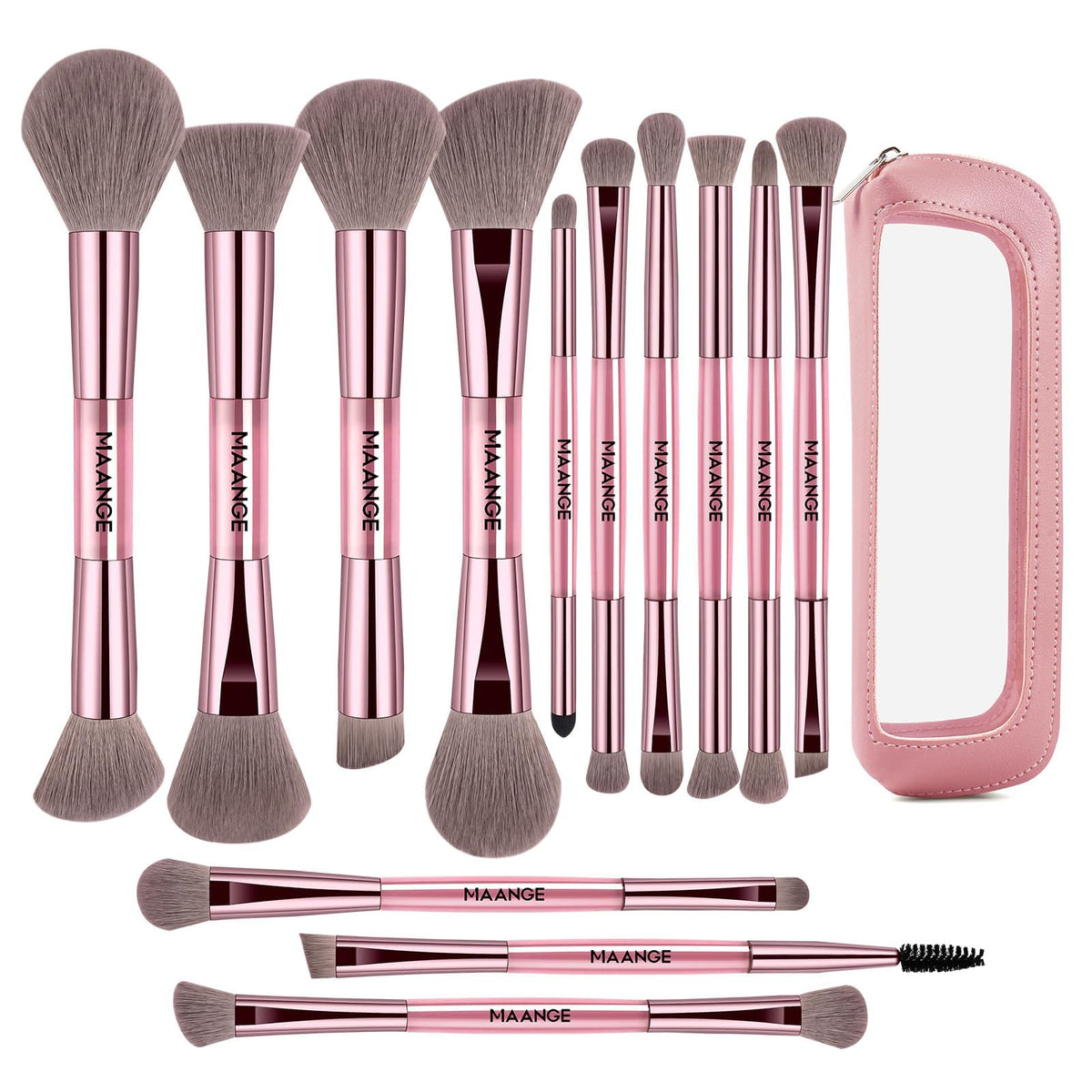 MAANGE 13 Pcs Foundation Makeup Brush Set With Bag, Make up Brushes, Double-End Multi Functional Makeup Brushes, Professional Face Brush Set Tools For Liquid Powder Concealer Cream Blush (Coffee)