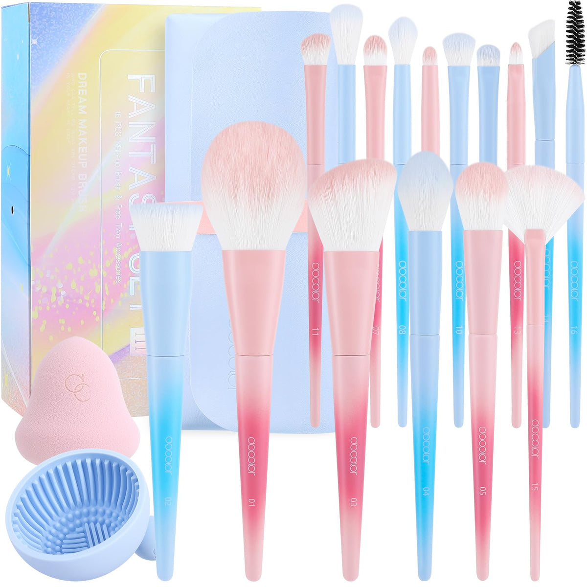 Docolor Makeup Brushes 17+2 Pcs with Makeup Bag and Makeup Sponge and Brush Protector Morandi Makeup Brush Set Premium Synthetic hair makeup brush Wooden handle Gift Box