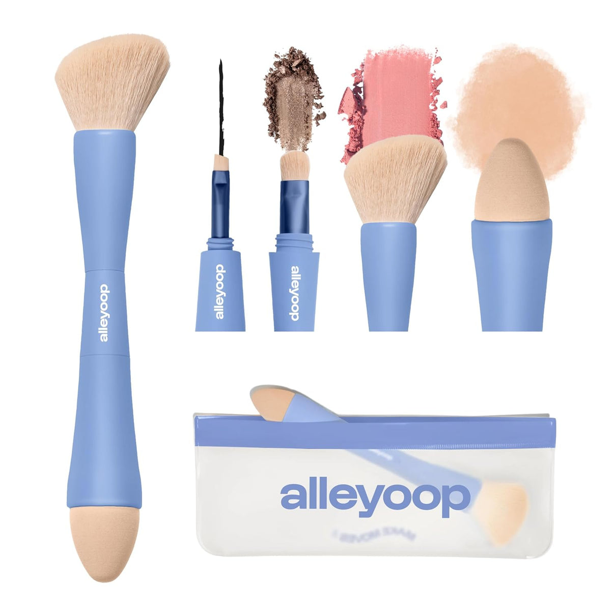 Alleyoop Multi-Tasker 4-in-1 Travel Makeup Brush Set, Blush Brush & Sponge