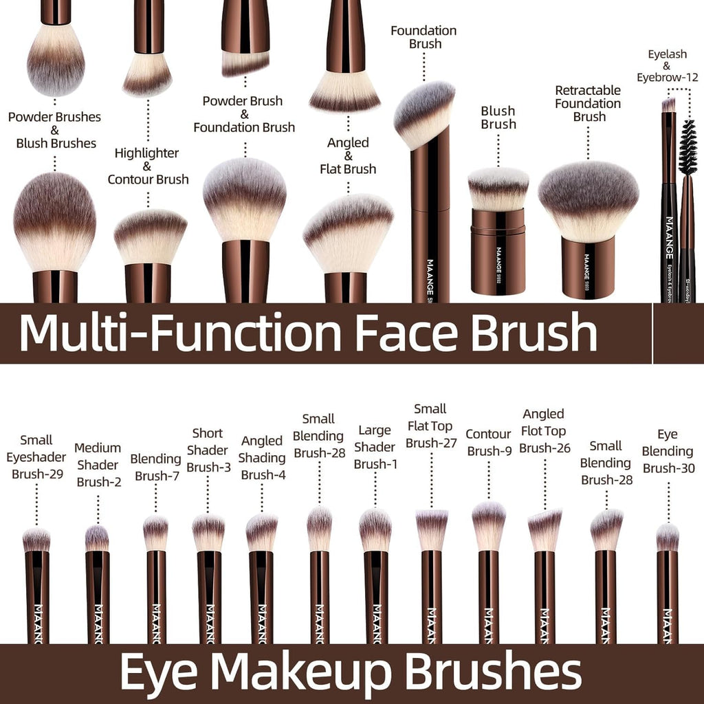 MAANGE 20 PCS Makeup Brush Set with Bag, Double-ended Kabuki Brush Foundation Contour Brush for Liquid Powder Concealer Eye Shadows Cream Cosmetics Blending Blush Face Makeup Tools with Case (Coffee)