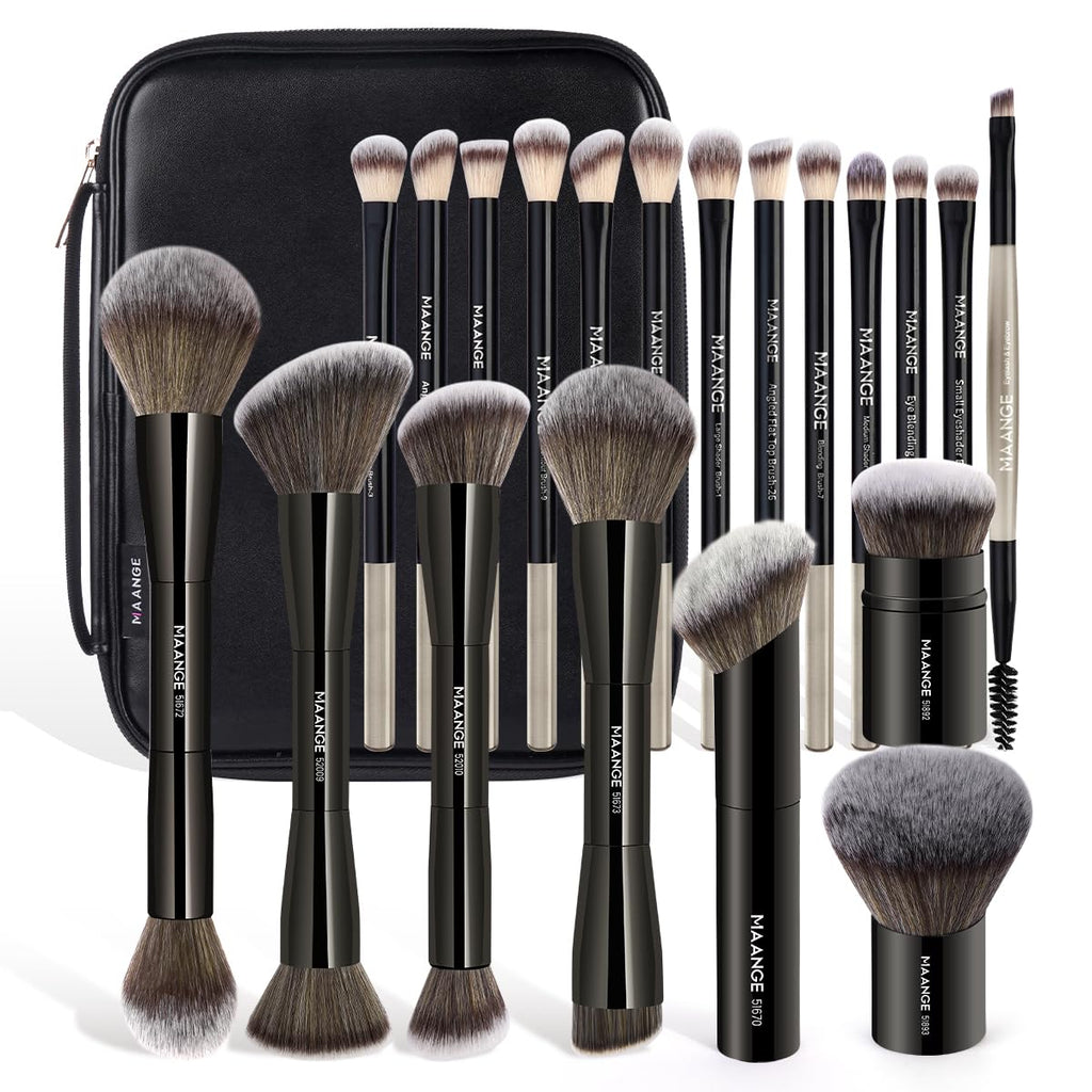 MAANGE 20 PCS Makeup Brush Set with Bag, Double-ended Kabuki Brush Foundation Contour Brush for Liquid Powder Concealer Eye Shadows Cream Cosmetics Blending Blush Face Makeup Tools with Case (Coffee)