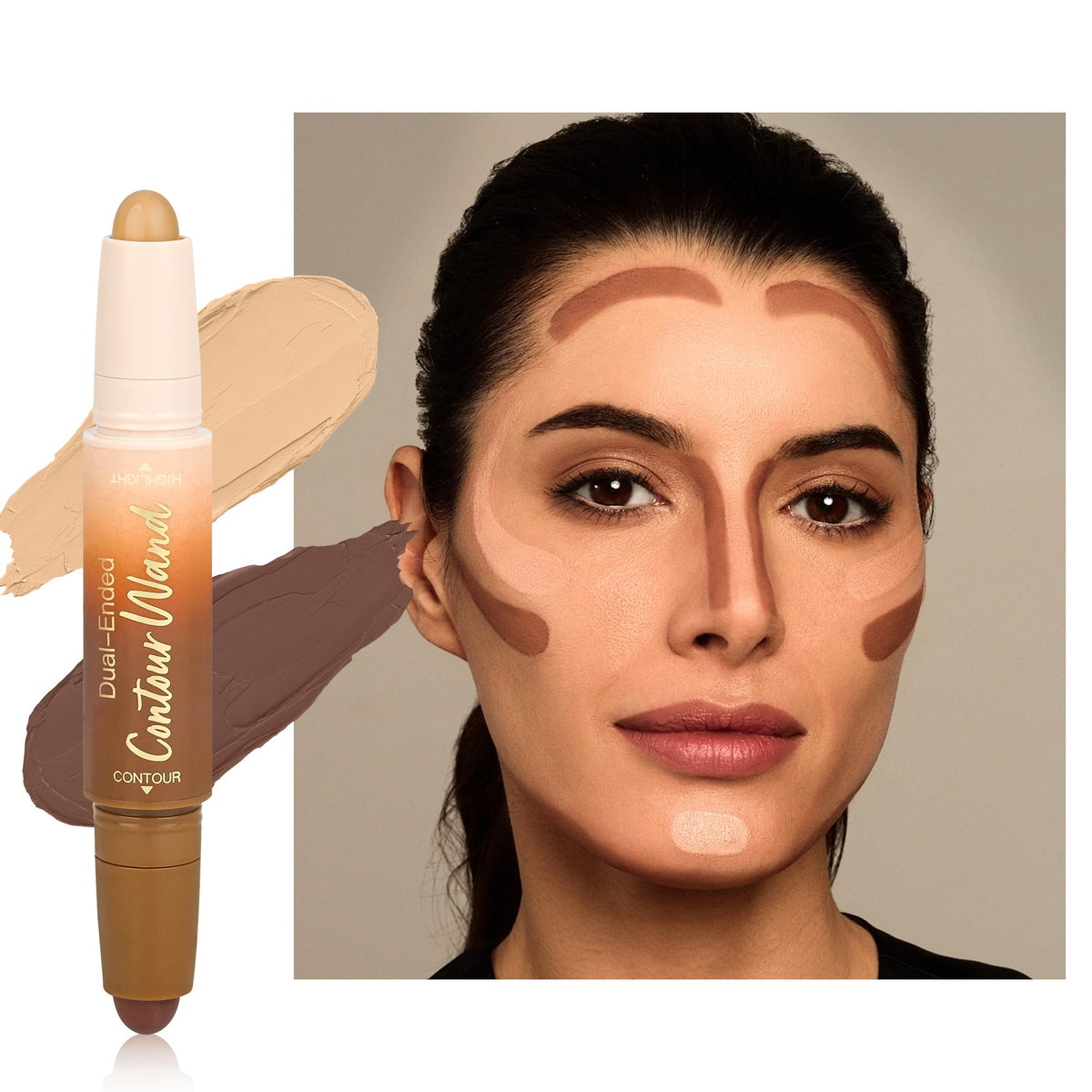 Contour Highlighter Stick，2-in-1 Dual-Ended Cream Bronzer & Highlighter Sticks Pen for Face Body Contouring Makeup- Buildable，Waterproof, Easy to Apply Suitable for Beginners，01Nuetral Nude + Beige
