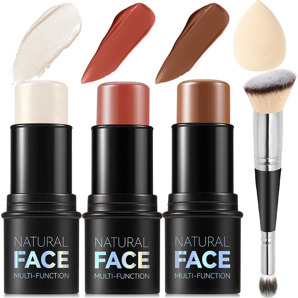 3Pcs Cream Contour Stick Makeup Kit, Shades with Highlighter, Blush and Bronzer Contour Stick for Sculpt the Cheeks, Long Lasting, Waterproof, Matte & Dewy Finish (LIGHT MEDIUM(2+5+6))