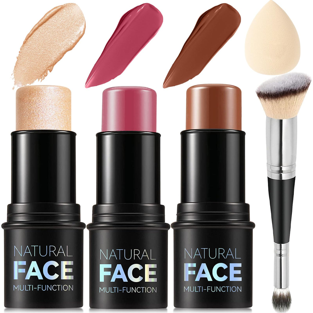 3Pcs Cream Contour Stick Makeup Kit, Shades with Highlighter, Blush and Bronzer Contour Stick for Sculpt the Cheeks, Long Lasting, Waterproof, Matte & Dewy Finish (LIGHT MEDIUM(2+5+6))