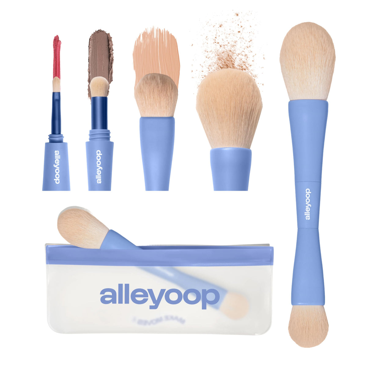 Alleyoop Multi-Tasker 4-in-1 Travel Makeup Brush Set, Blush Brush & Sponge