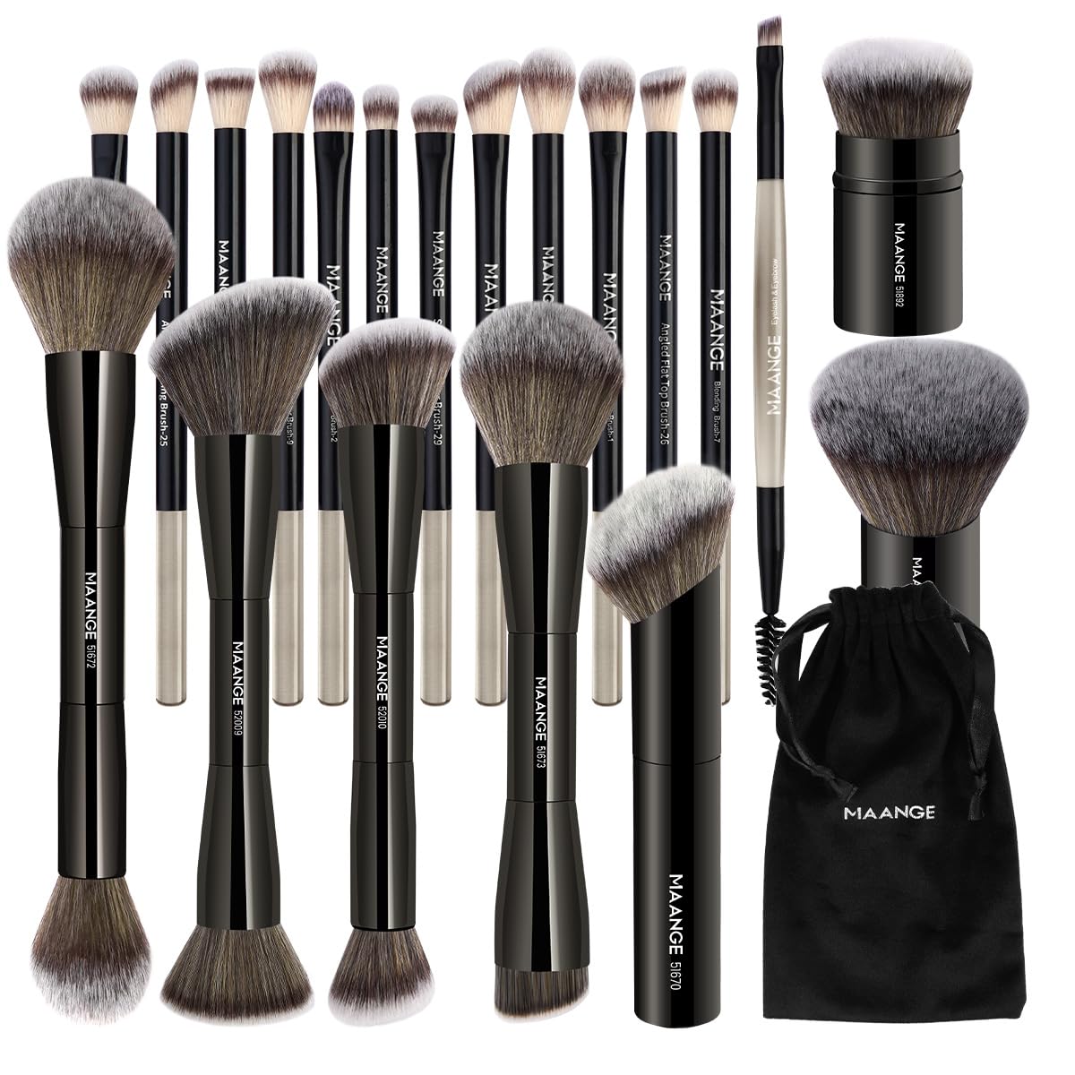 MAANGE 20 PCS Foundation Makeup Brush Set, Double-ended Kabuki Contour Brush for Liquid Powder Concealer Blending Blush Face Makeup Tools with Gift Box (Coffee)