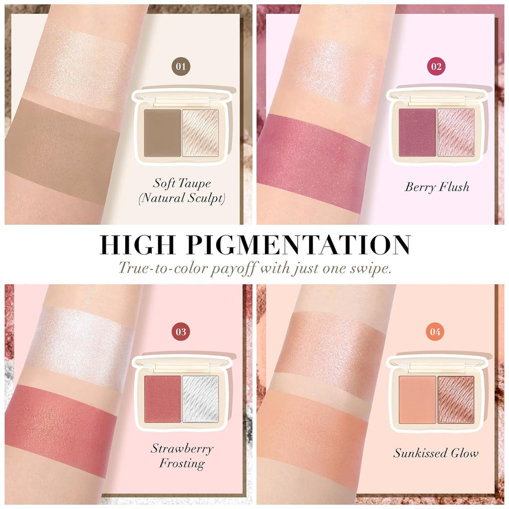 2-in-1 Contour & Highlighter Palette - Matte & Shimmer Face Makeup Duo, Highly Pigmented & Blendable Cheek Pallet, Long Lasting Sculpting Powder with Mirror 01 Soft Taupe (Natural Sculpt)