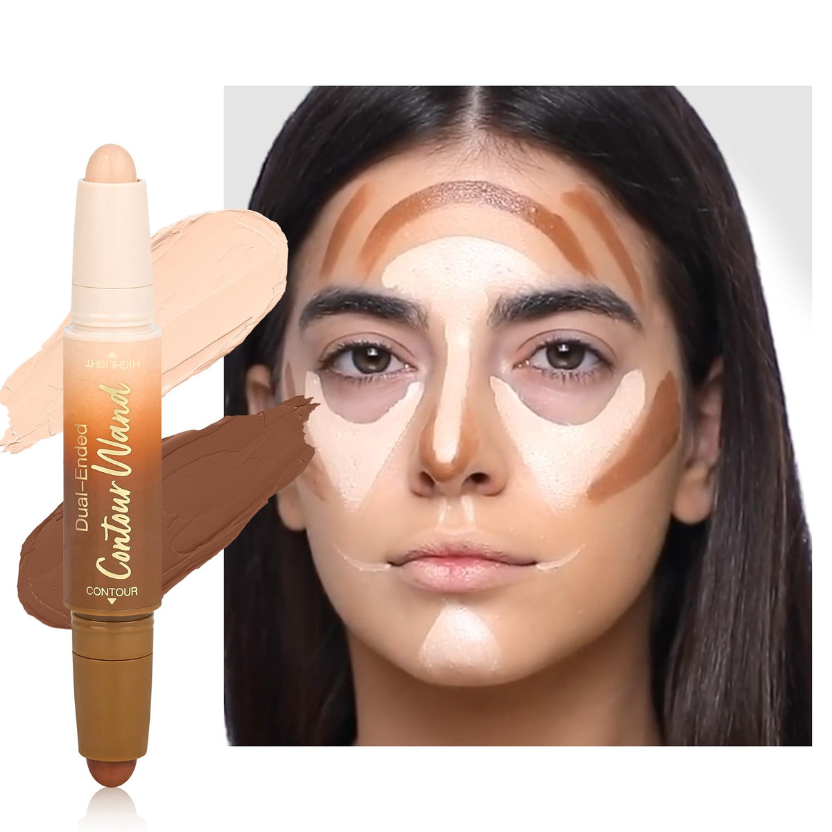 Contour Highlighter Stick，2-in-1 Dual-Ended Cream Bronzer & Highlighter Sticks Pen for Face Body Contouring Makeup- Buildable，Waterproof, Easy to Apply Suitable for Beginners，01Nuetral Nude + Beige