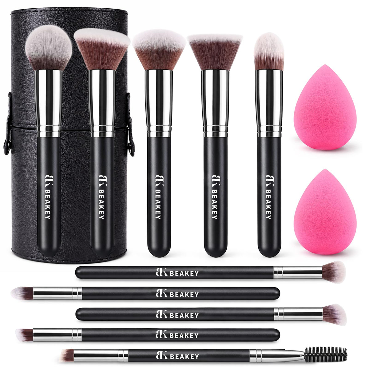 BEAKEY Makeup Brushes set with 2 Blending Sponges,10 Brush Face and Eye Set