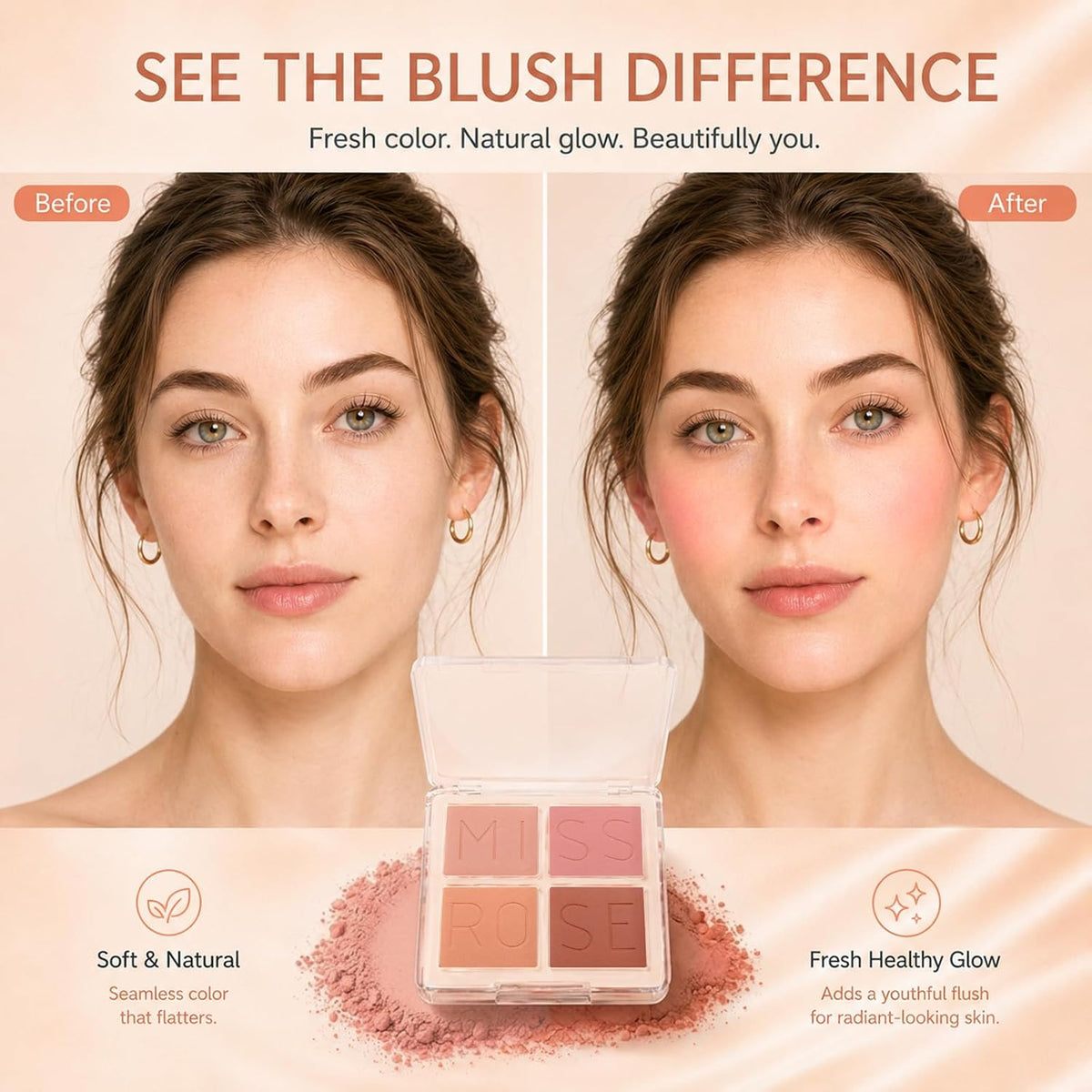 4 Colors Blush Palette, Matte Pressed Powder Blush for Cheeks, Highly Pigmented, Silky Smooth, Blendable and Long Lasting Face Blush for Daily Wear and Travel, 01 Pink Peach