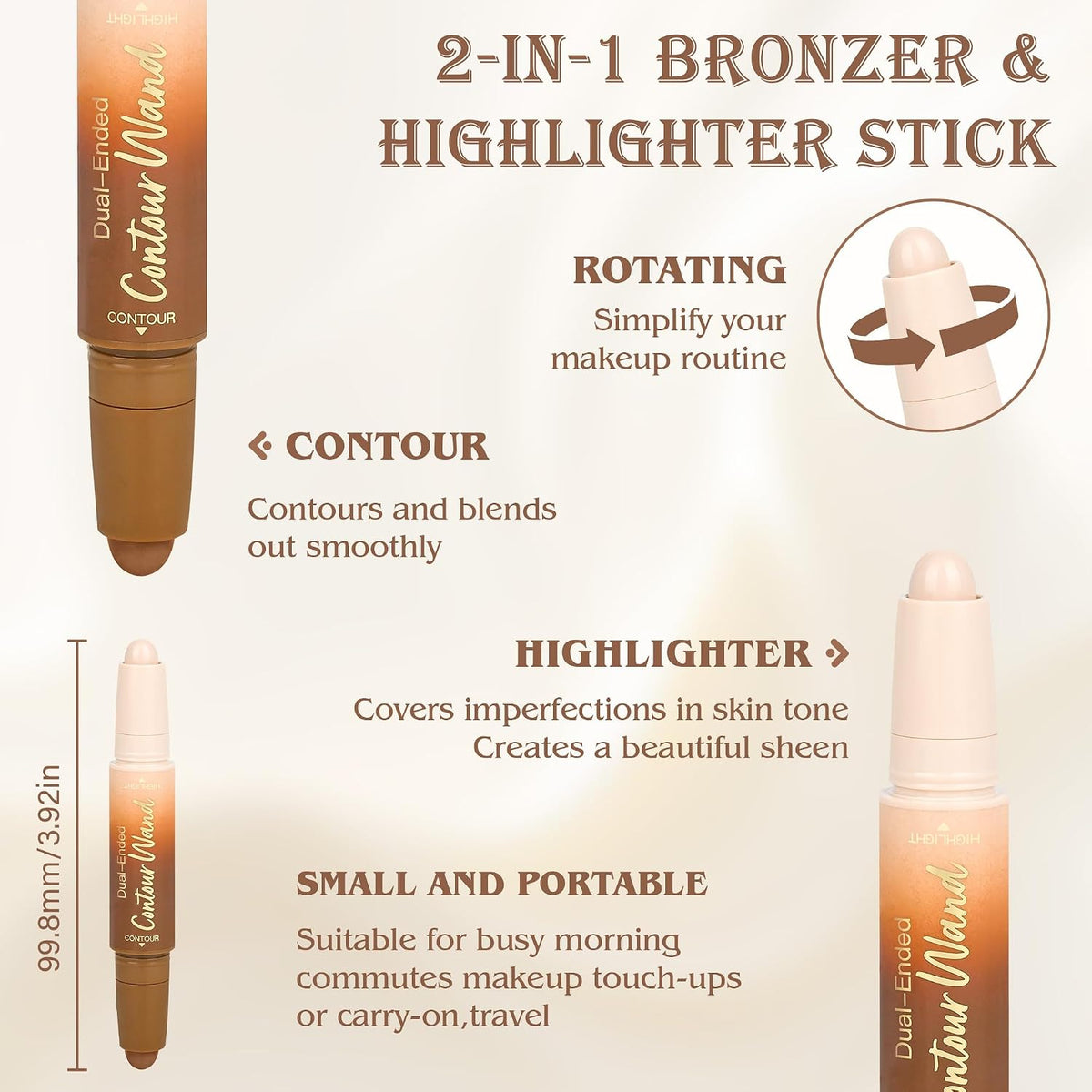 Contour Highlighter Stick，2-in-1 Dual-Ended Cream Bronzer & Highlighter Sticks Pen for Face Body Contouring Makeup- Buildable，Waterproof, Easy to Apply Suitable for Beginners，01Nuetral Nude + Beige