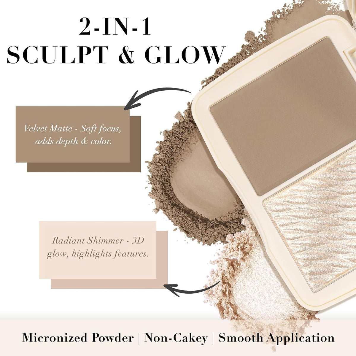 2-in-1 Contour & Highlighter Palette - Matte & Shimmer Face Makeup Duo, Highly Pigmented & Blendable Cheek Pallet, Long Lasting Sculpting Powder with Mirror 01 Soft Taupe (Natural Sculpt)