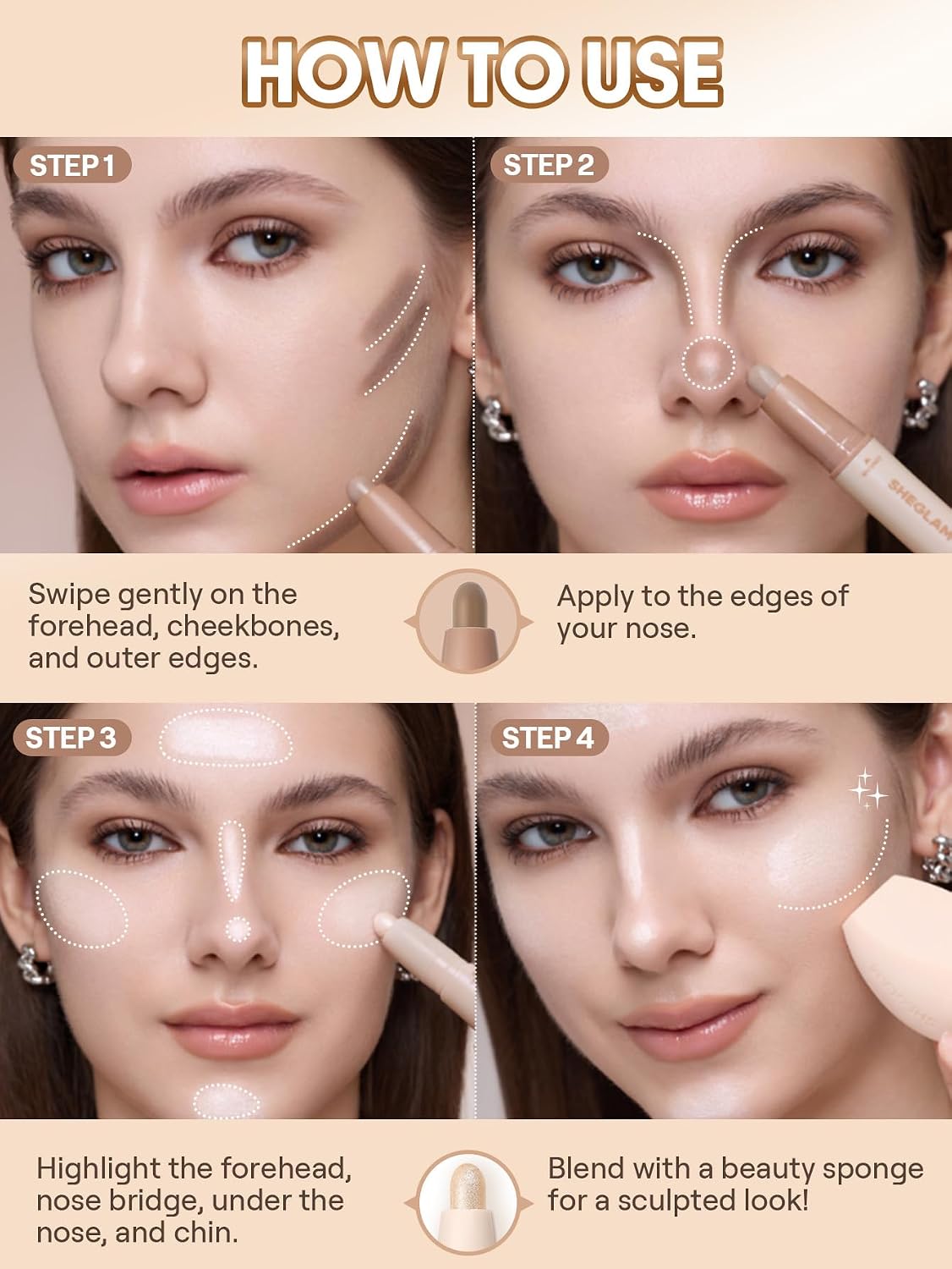 SHEGLAM 2-in-1 Contour & Highlight Stick Cream Waterproof Contour Stick-Soft Tan