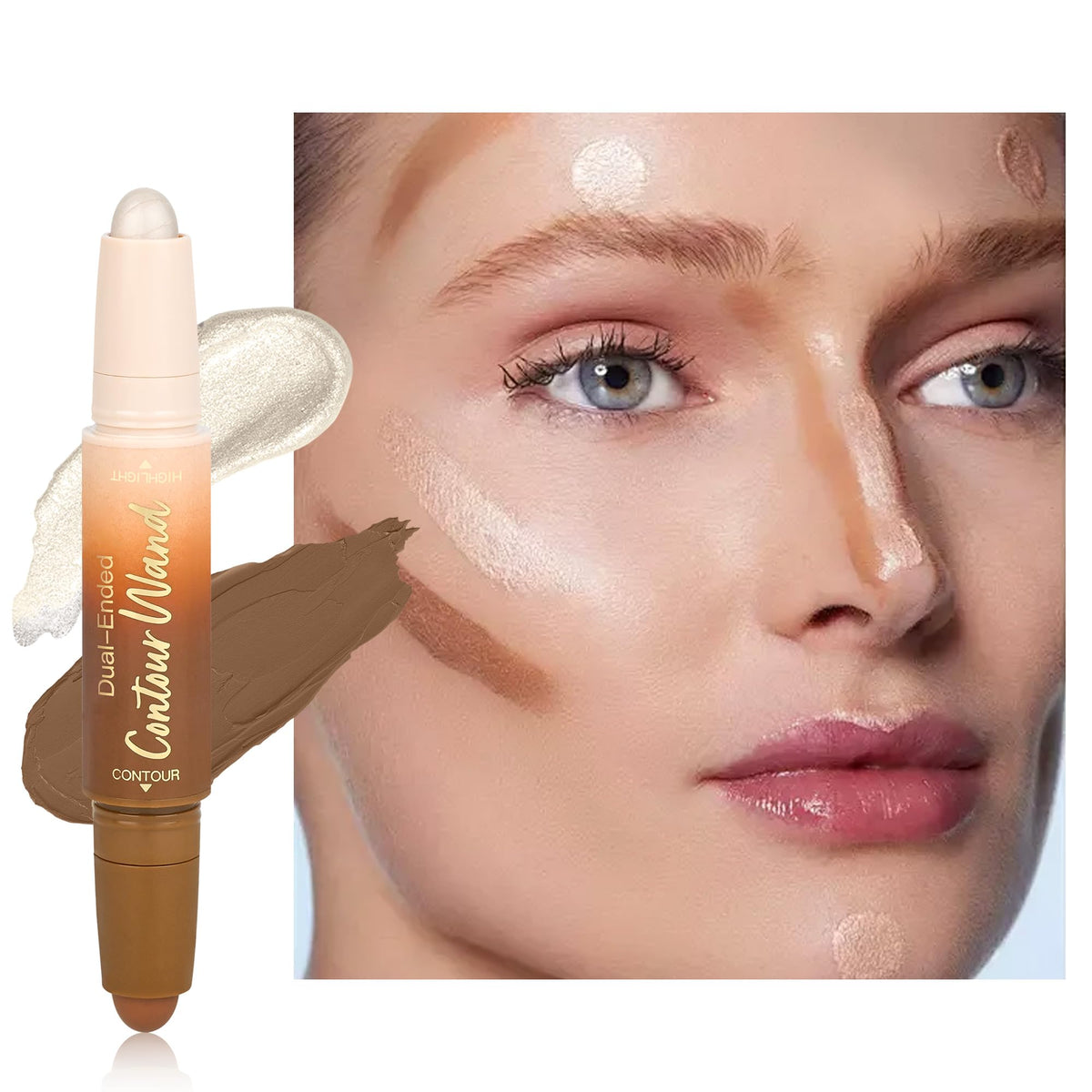 Contour Highlighter Stick，2-in-1 Dual-Ended Cream Bronzer & Highlighter Sticks Pen for Face Body Contouring Makeup- Buildable，Waterproof, Easy to Apply Suitable for Beginners，01Nuetral Nude + Beige
