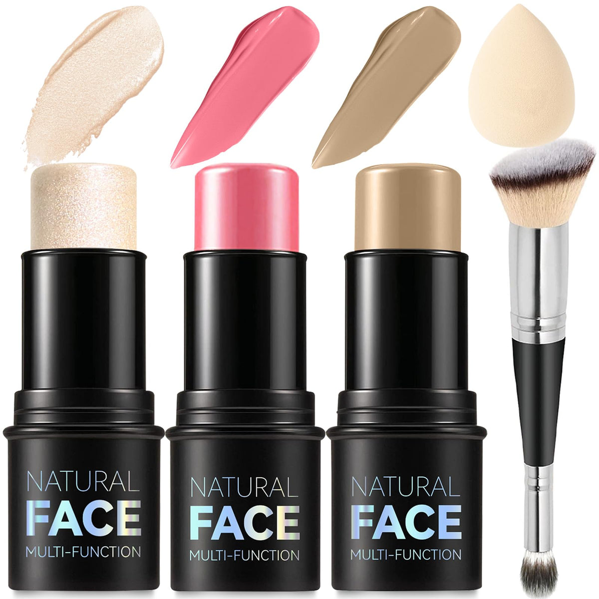 3Pcs Cream Contour Stick Makeup Kit, Shades with Highlighter, Blush and Bronzer Contour Stick for Sculpt the Cheeks, Long Lasting, Waterproof, Matte & Dewy Finish (LIGHT MEDIUM(2+5+6))