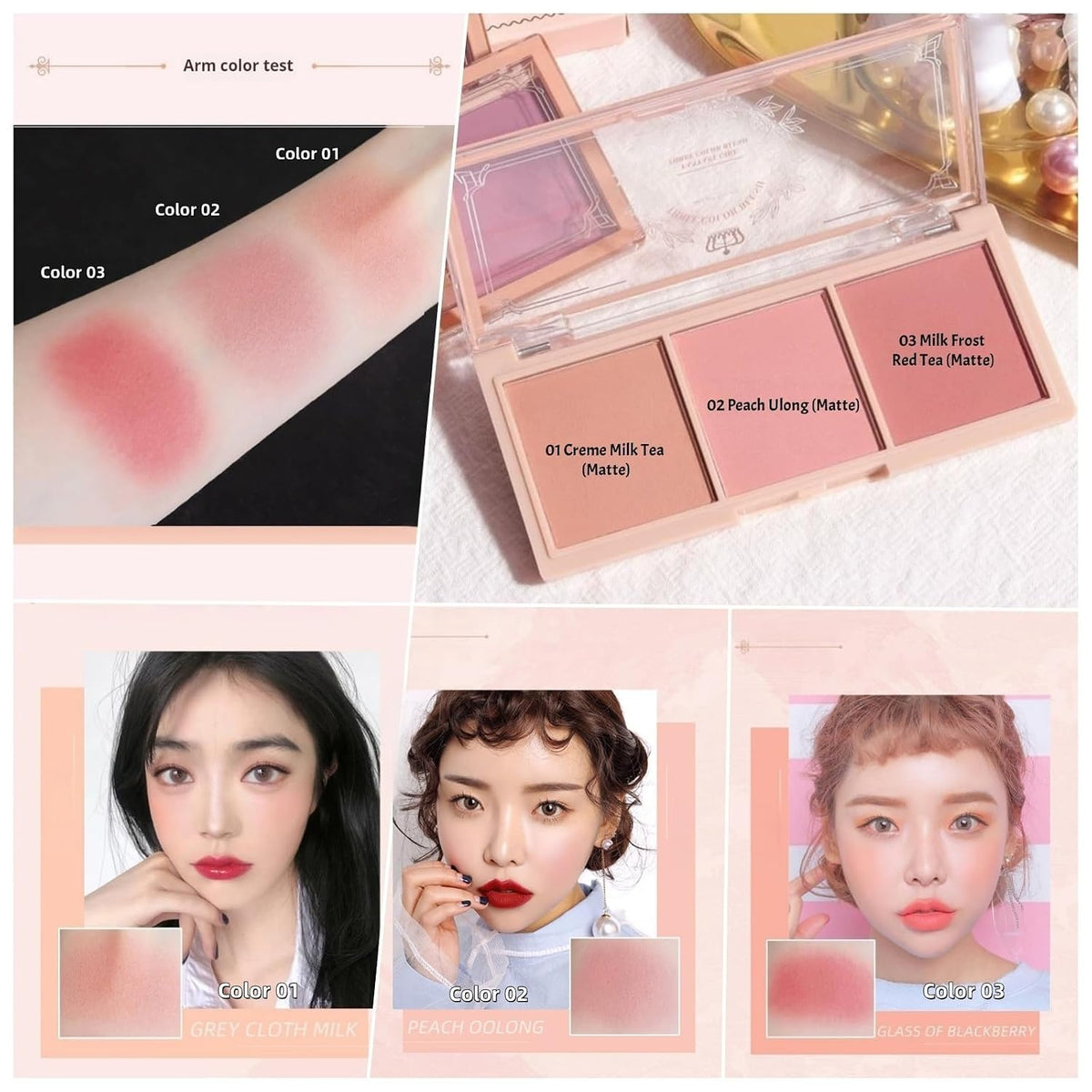 3-in-1 Matte Powder Blush Palette with Pro Brush – Versatile Face Makeup Contour Kit for All Skin Tones – Long-Lasting, Blendable Cheek Color Trio – Travel Size for Natural Beauty