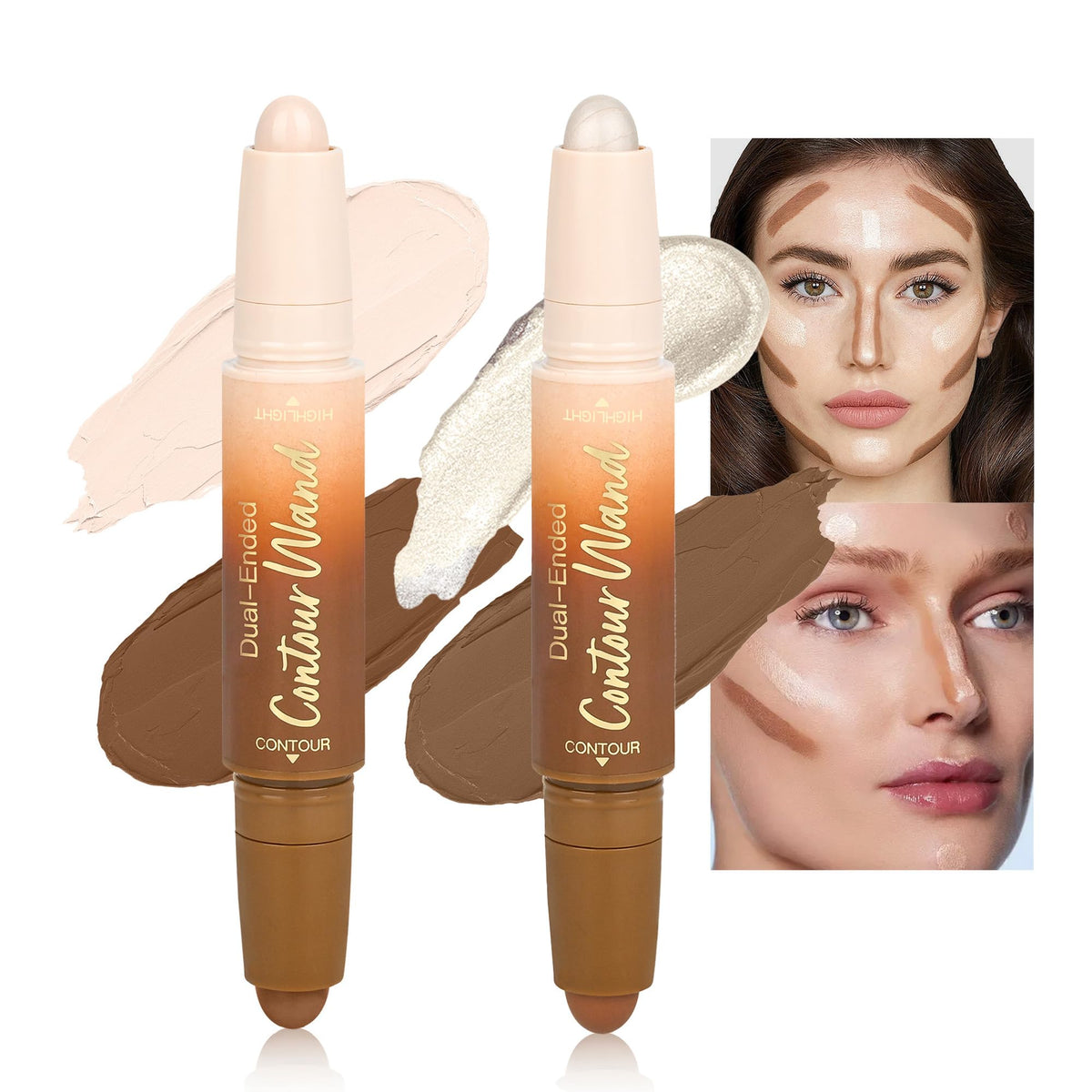 Contour Highlighter Stick，2-in-1 Dual-Ended Cream Bronzer & Highlighter Sticks Pen for Face Body Contouring Makeup- Buildable，Waterproof, Easy to Apply Suitable for Beginners，01Nuetral Nude + Beige