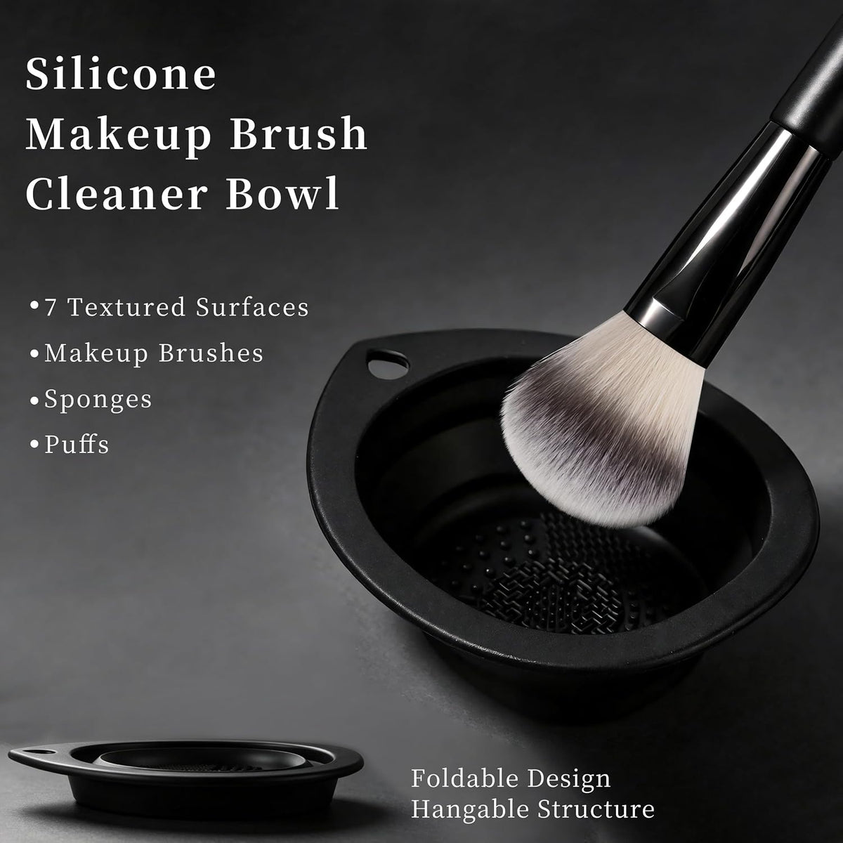 Real Perfection Makeup Brushes Set 14 Pcs with 1 Foldable Silicone Cleaner Bowl and 1 Powder Puff, Professional Foundation Eyeshadow Concealer Blush Powder Bronzer Make up Brushes Kit - Black