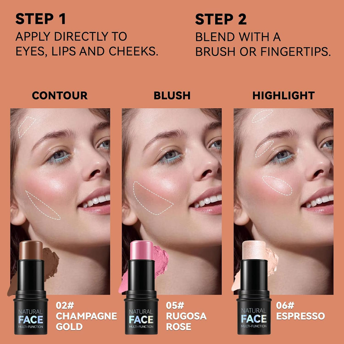 3Pcs Cream Contour Stick Makeup Kit, Shades with Highlighter, Blush and Bronzer Contour Stick for Sculpt the Cheeks, Long Lasting, Waterproof, Matte & Dewy Finish (LIGHT MEDIUM(2+5+6))
