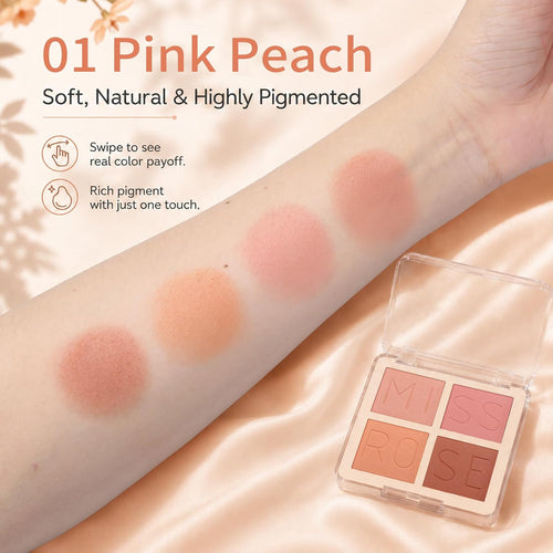4 Colors Blush Palette, Matte Pressed Powder Blush for Cheeks, Highly Pigmented, Silky Smooth, Blendable and Long Lasting Face Blush for Daily Wear and Travel, 01 Pink Peach