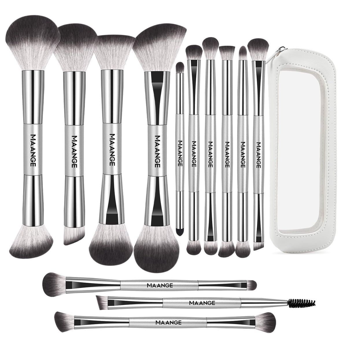 MAANGE 13 Pcs Foundation Makeup Brush Set With Bag, Make up Brushes, Double-End Multi Functional Makeup Brushes, Professional Face Brush Set Tools For Liquid Powder Concealer Cream Blush (Coffee)