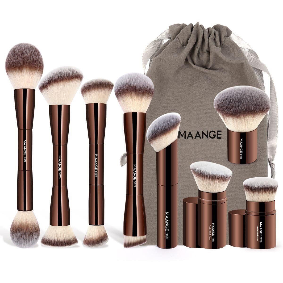 MAANGE 20 PCS Foundation Makeup Brush Set, Double-ended Kabuki Contour Brush for Liquid Powder Concealer Blending Blush Face Makeup Tools with Gift Box (Coffee)