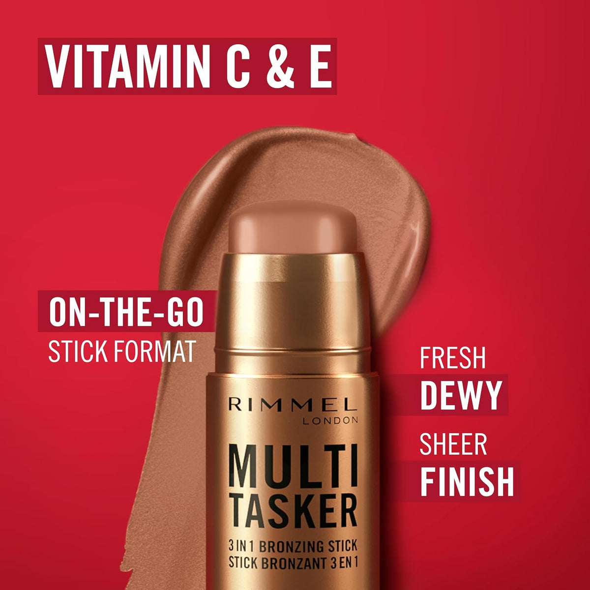 Rimmel Multi Tasker 3 in 1 Bronzing Stick, 002 Medium, Sculpted and Bronzed Glow, All-Day Wear, Sheer and Dewy Finish, Infused with Vitamin C & E, Vegan Formula, Cruelty-Free