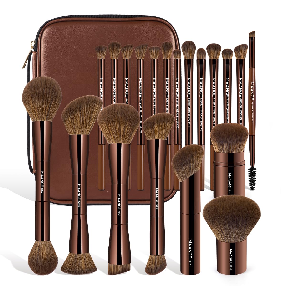 MAANGE 20 PCS Makeup Brush Set with Bag, Double-ended Kabuki Brush Foundation Contour Brush for Liquid Powder Concealer Eye Shadows Cream Cosmetics Blending Blush Face Makeup Tools with Case (Coffee)