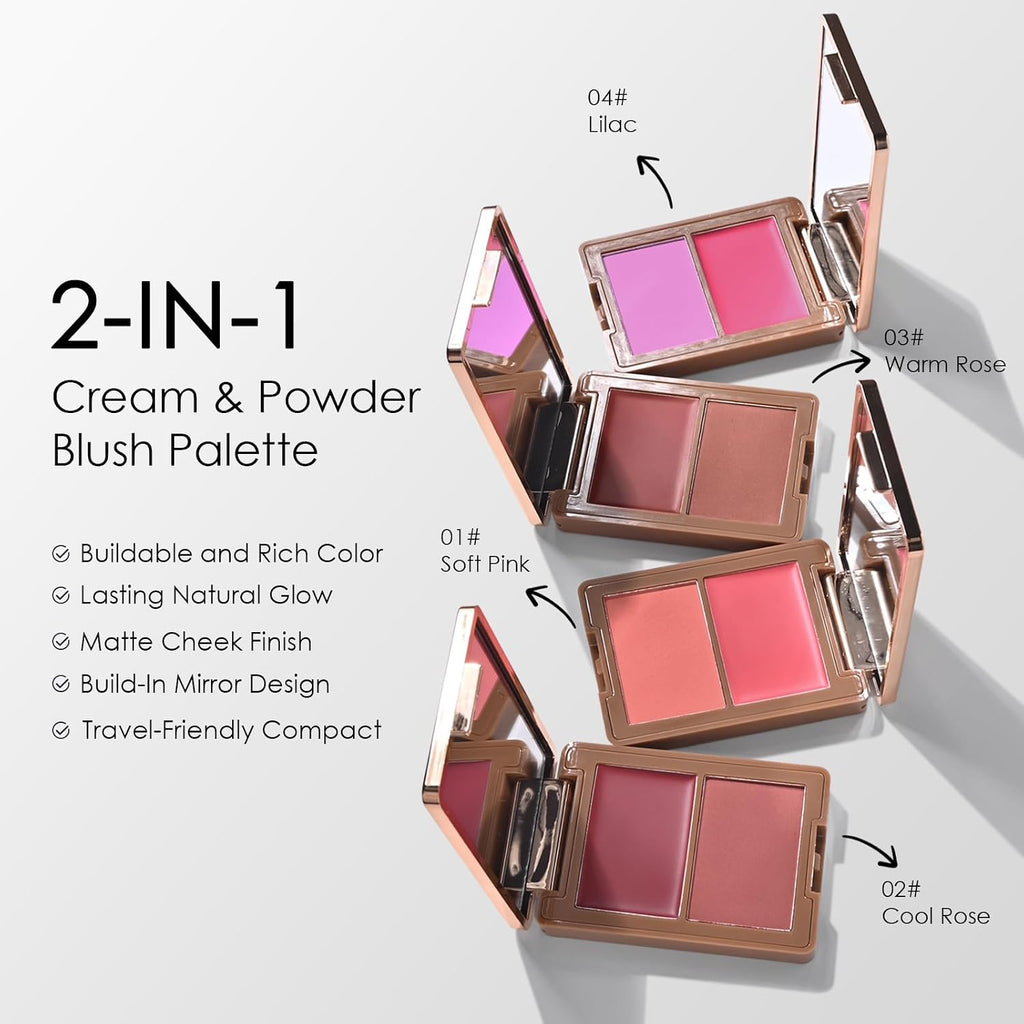 2 in 1 Plum Cream and Powder Blush Palette Duo(02 Cool Rose)