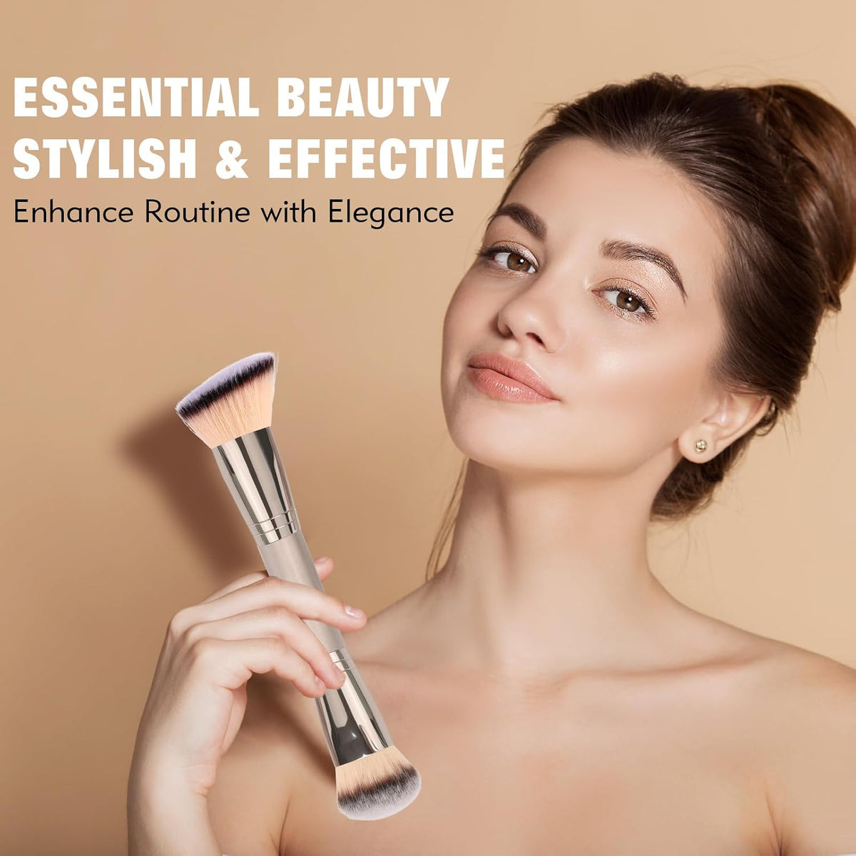 Dual-Ended Foundation Brush: Round & Angled makeup brushes, 100% Vegan Synthetic Makeup Brush for Flawless Blending and Application of Liquid, Powder, Cream, Blush