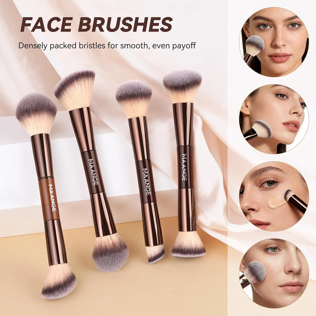 MAANGE 13 Pcs Foundation Makeup Brush Set With Bag, Make up Brushes, Double-End Multi Functional Makeup Brushes, Professional Face Brush Set Tools For Liquid Powder Concealer Cream Blush (Coffee)