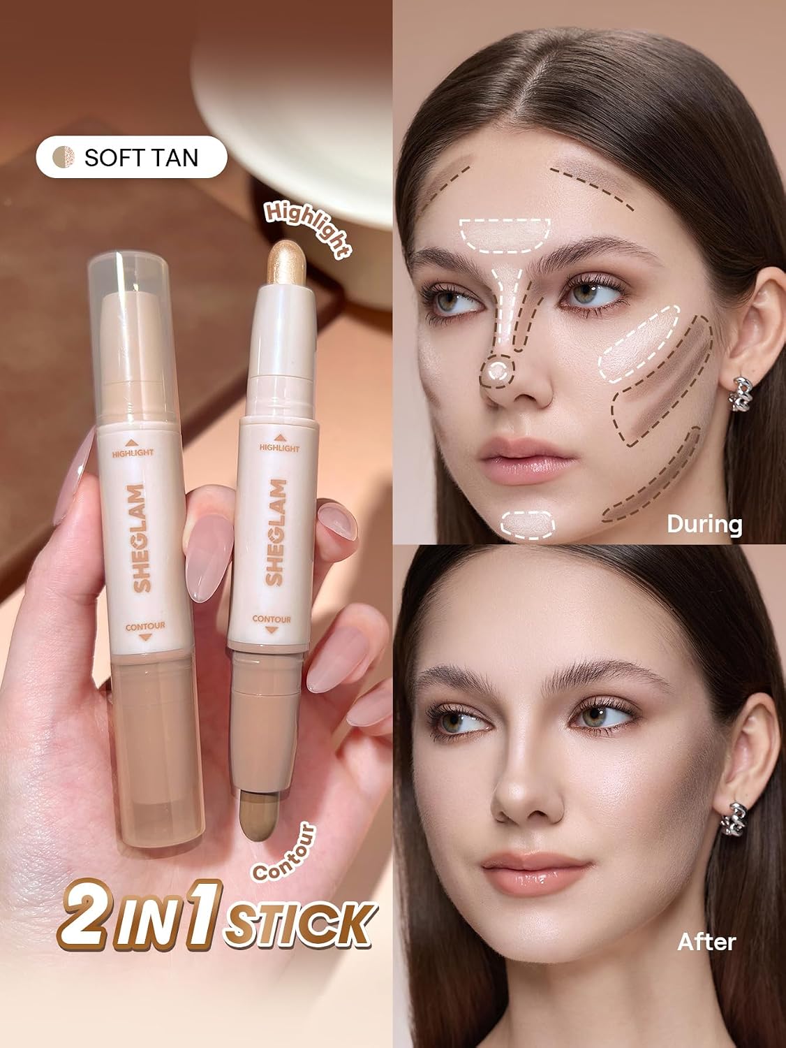 SHEGLAM 2-in-1 Contour & Highlight Stick Cream Waterproof Contour Stick-Soft Tan