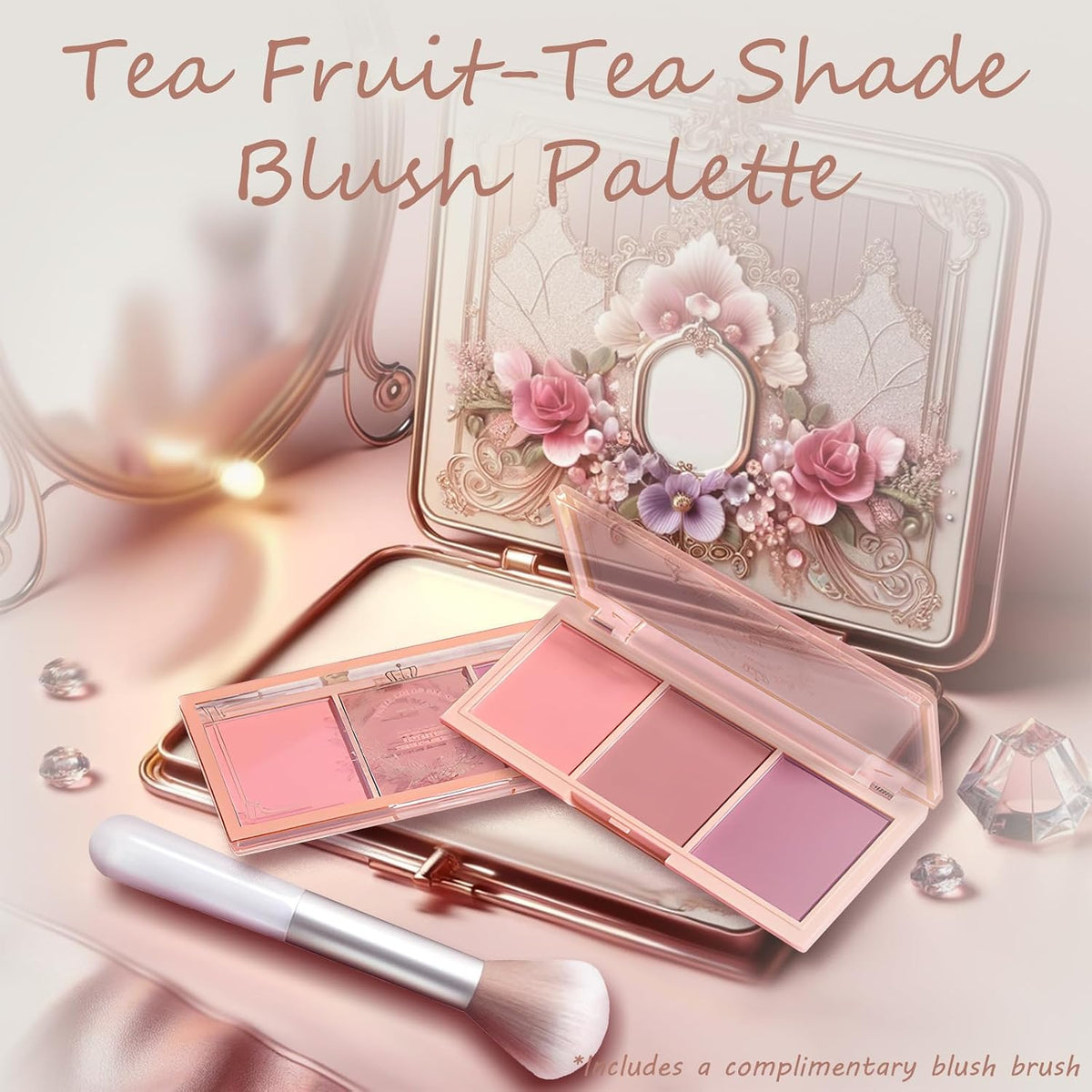 3 Color Matte Pink Blush Palette with Brush, Long Lasting Cheek Makeup, Light and Smooth Blush Powder for Face Beauty