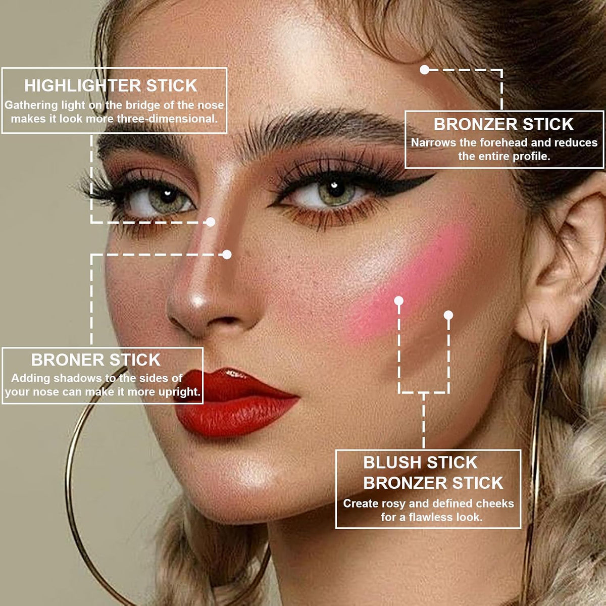3Pcs Contour Stick Kit,Shades with Highlighter Blush Bronzer, LIGHT MEDIUM