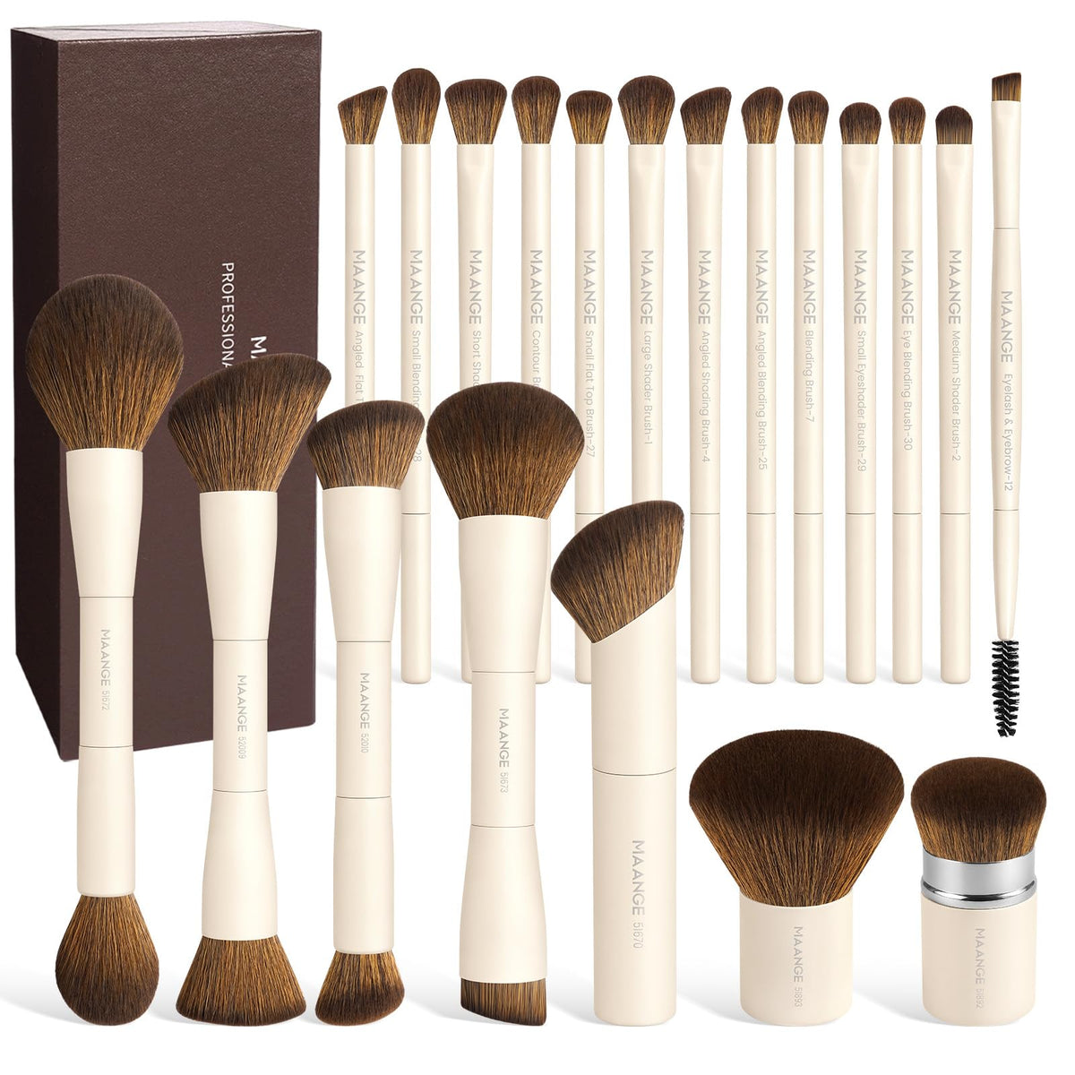 MAANGE 20 Pcs Makeup Brushes with Gift Box, Double-End Multi-functional Makeup Brushes for Blending Liquid Powder Concealer Cream Blush Buffe,CoffeeBrown