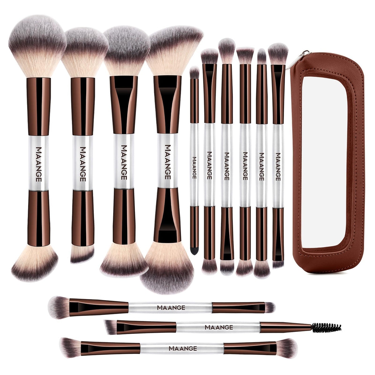 MAANGE 13 Pcs Foundation Makeup Brush Set With Bag, Make up Brushes, Double-End Multi Functional Makeup Brushes, Professional Face Brush Set Tools For Liquid Powder Concealer Cream Blush (Coffee)