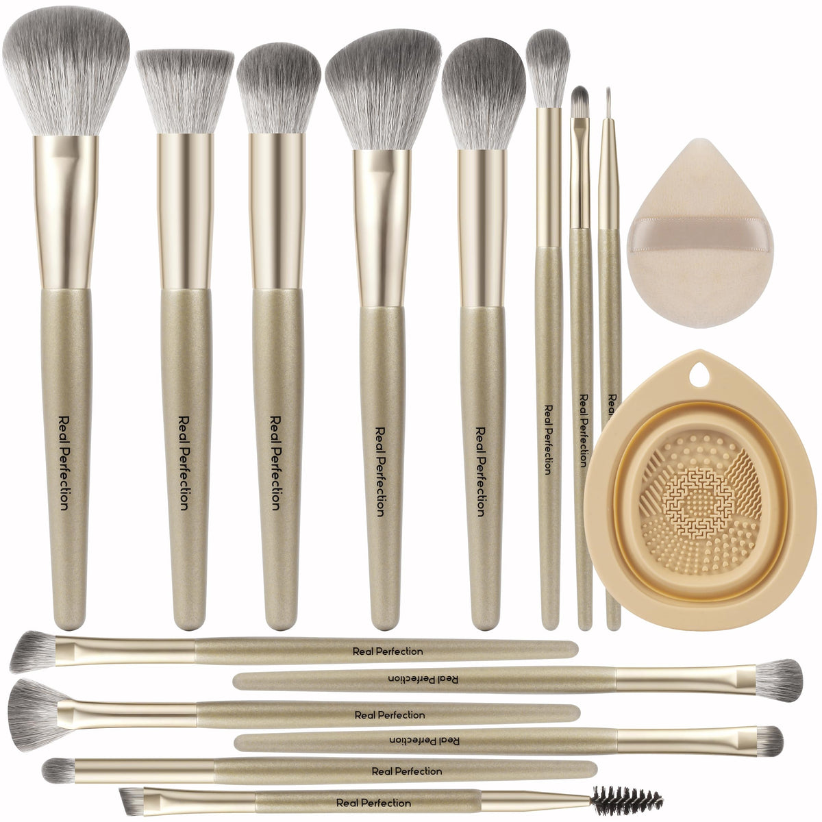 Real Perfection Makeup Brushes Set 14 Pcs with 1 Foldable Silicone Cleaner Bowl and 1 Powder Puff, Professional Foundation Eyeshadow Concealer Blush Powder Bronzer Make up Brushes Kit - Black