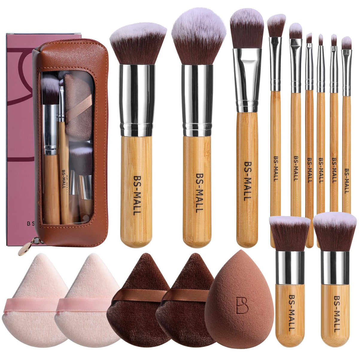 BS-MALL Makeup Brush Set 11 Pcs Makeup Sponge, Professional Bamboo Makeup Brushes for Foundation, Powder, Blush, Concealer, Eyeshadow & Blending, Ideal for Travel, Beginners & Makeup Artists